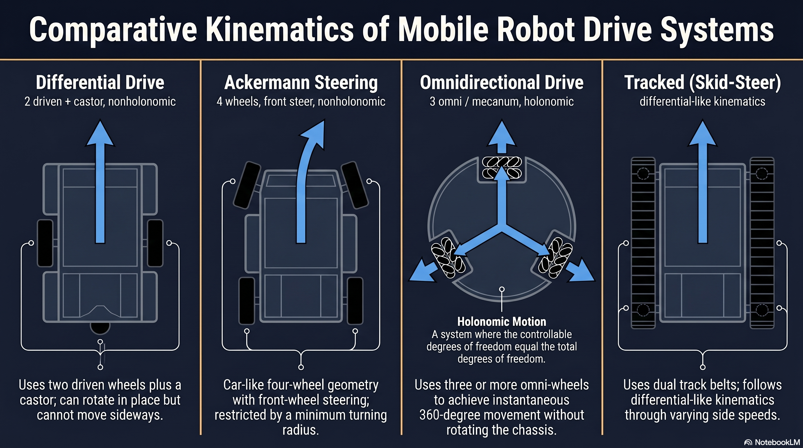 Top-down comparison of four wheel configurations: differential drive, Ackermann, omnidirectional, and tracked