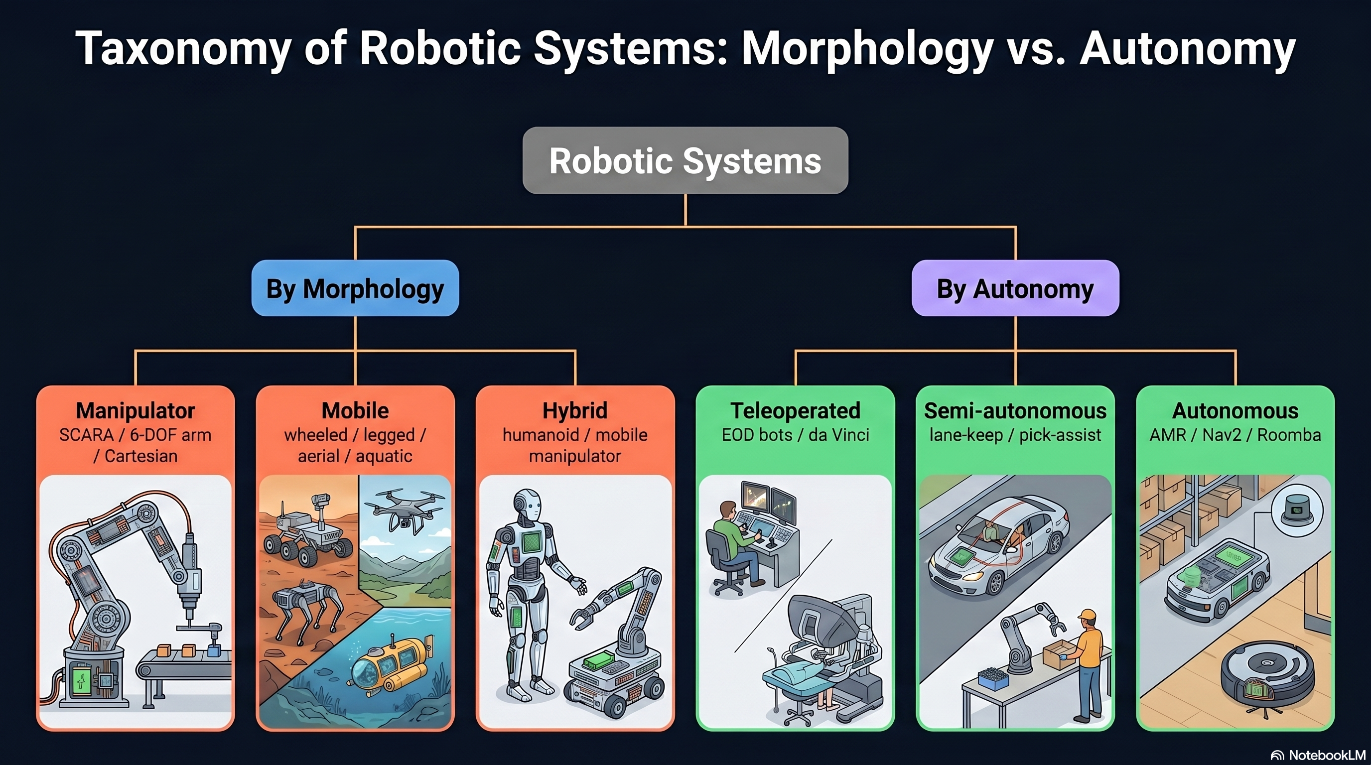 Two-branch taxonomy tree classifying robots by morphology (manipulator, mobile, hybrid) and by autonomy (teleoperated, semi-autonomous, autonomous)