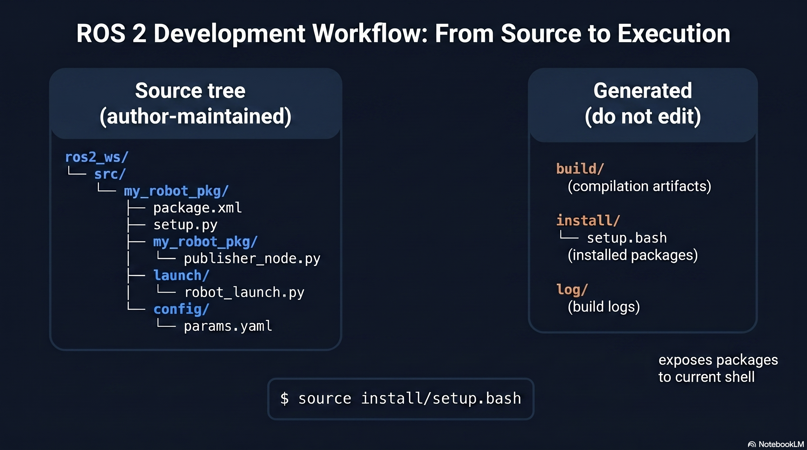 Left-to-right workspace build flow: source tree flows through colcon build into the generated build, install, and log directories, then source install/setup.bash exposes packages to the shell