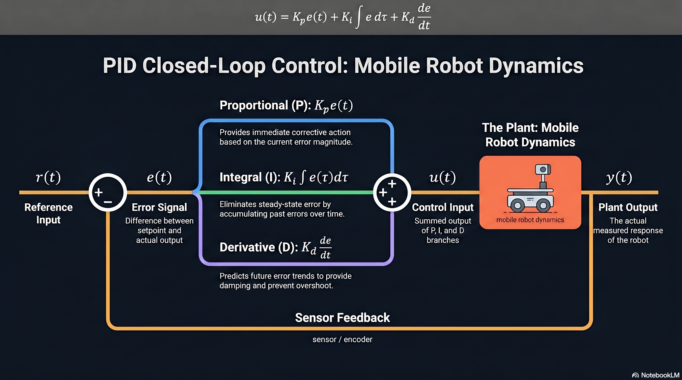 Closed-loop PID block diagram with parallel proportional, integral, and derivative branches summing into the plant, with sensor feedback to the error junction